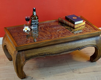 Opium coffee table Suar solid wood 100 x 50 cm  | Wooden living room table carved with elephants and glass top