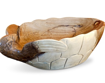 Holz Obstschale Schildkröte | 50cm Massivholz Schale als geschnitzte Meeresschildkröte Honu | Holzschale Dekoschale Suar Holz massiv