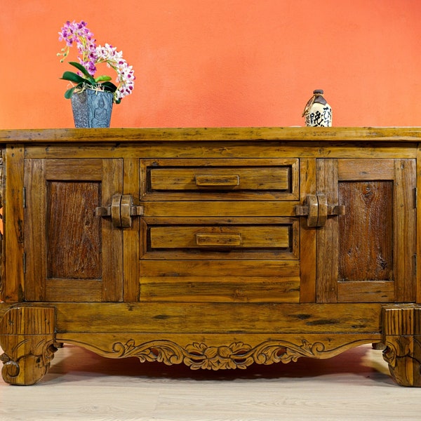 Buffet en bois de récupération en teck bois massif 180 x 90 cm | Bois de teck recyclé comme commode, buffet ou meuble TV 2 portes 2 tiroirs