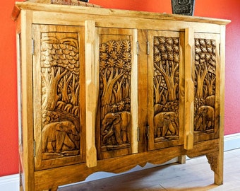 Buffet en bois massif bois d'acacia | Sculpture d'éléphant faite à la main en Thaïlande, meubles d'ameublement Boho, idée cadeau de salon moderne