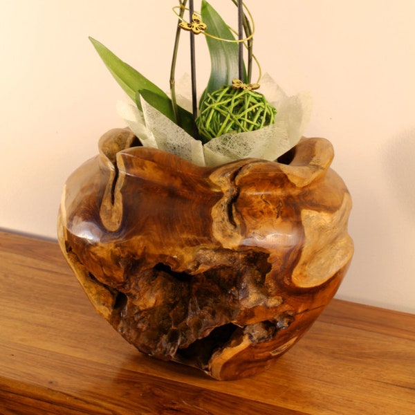 Pot de fleur en bois de teck pot de plante en bois massif | Décoration de table en bois de ronce vase à fleurs Boho rustique cadeau de pendaison de crémaillère idées de vie thaïlandaises