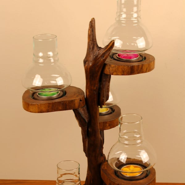 Chandelier lanterne arbre 5 / 3 ou 2 lumières en bois de teck | Bougeoir en bois de loupe pour l'intérieur ou l'extérieur comme décoration pour la table à manger