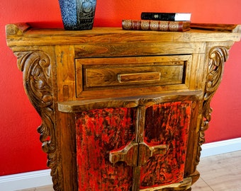 Teak oud houten console KAWA | 95 x 90 cm massief houten ladekast / consoletafel van gerecycled teakhout met snijwerk in vintage / shabby look