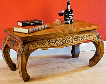 Opium coffee table 80 x 40 cm from solid Suar wood  with carvings | Wooden living room table with carved sides | Thai Furniture in 2 colors