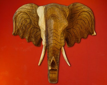 Tête d'éléphant sculptée en bois massif | Éléphant en bois comme décoration murale / art mural | Tête d'animal Thaïlande trophée décoration intérieure petite à grande