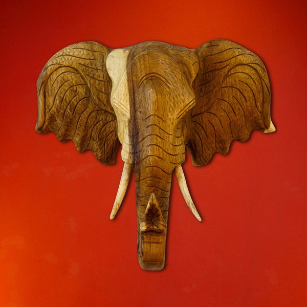 Elefanten Kopf aus Massivholz geschnitzt | Holz Elefant als Wanddekoration / Wandkunst | Tier Kopf Thailand Trophäe Wohndekor klein bis groß