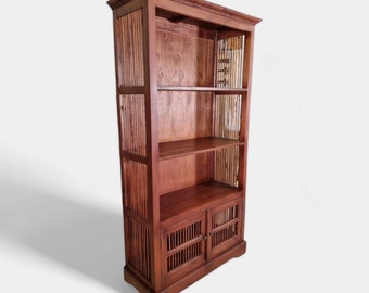 Mahagoni Massivholz Bücherregal 195 x 95cm | Echtholz Wohnzimmer Schrank Bücher Regal im Kolonialstil aus dunklem Holz mit 2 Türen