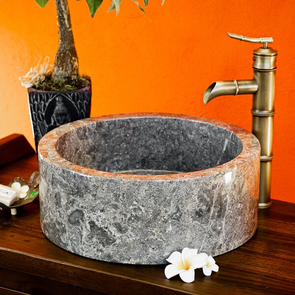 Marble washbasin 15 x 40cm | Round natural stone marble wash basin for bathroom or guest toilet | Polished countertop sink