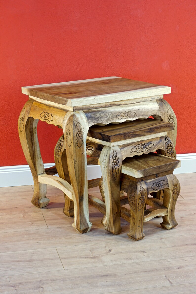 Solid Wood Side Table Set Made of Suar Wood 3 Wooden Tables Etsy