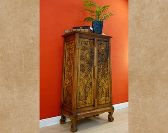 Armoire en bois massif d'acacia avec roses sculptées de Thaïlande 2 couleurs | Commode de 100 cm de hauteur en bois de Suar massif chambre à coucher salon