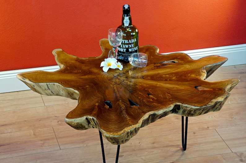 Table d'appoint tronc d'arbre en teck massif 60 85 cm Salon table basse meubles design d'intérieur Décor de maison de campagne nordique rustique image 1