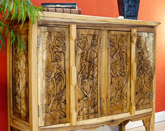 Solid wood cabinet SIAM II | Wooden Acacia sideboard with rose carving 80 x96 cm | real wood chest of drawers in Asia style from Thailand