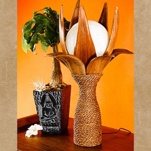 Coconut table lamp wooden lamp 54cm with rattan lampshade ball image 1