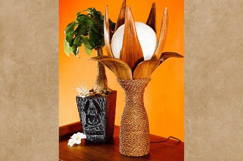 Coconut table lamp wooden lamp 54cm with rattan lampshade ball image 1