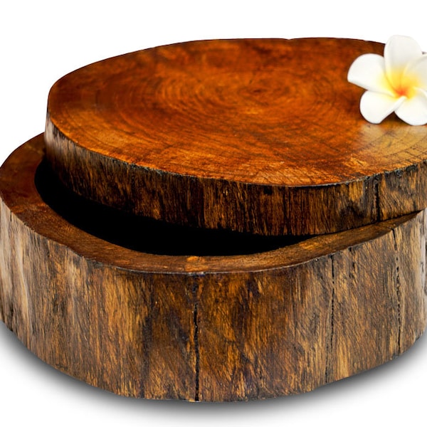 Tree trunk wood can with lid for sliding | Jewelry box or gift box made of solid teak in 2 colors and 3 sizes