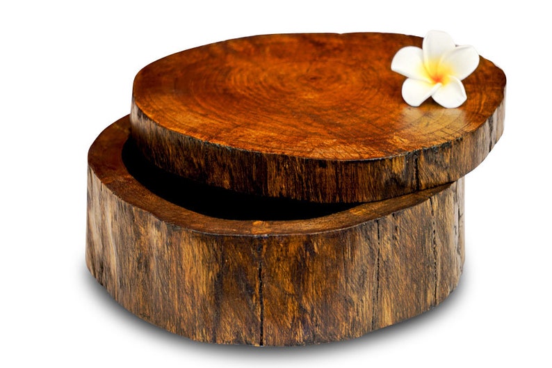 Baumstamm Holz Dose mit Deckel zum Schieben Schmuckdose oder Geschenkdose aus Teakholz in 2 Farben und 3 Größen 15 cm
