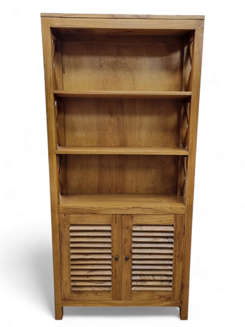 Meuble bibliothèque en bois massif teck 190x90x30cm Armoire de salon en bois véritable, étagère à livres en bois clair avec 2 portes image 6