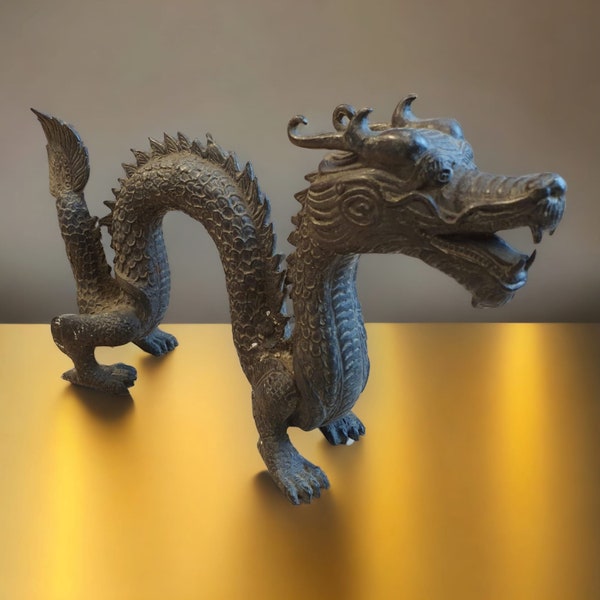 Statue en bronze Dragon de Chine 31 cm | Statue de dragon en métal, sculpture chinoise | Décoration asiatique de style antique