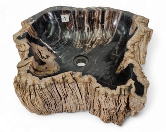 Lavabo en bois pétrifié pierre naturelle XXL | Vasque à poser fabriquée à partir d'une tranche de bois fossile avec une structure et un grain remarquables