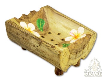 Teak wood soap dish from Thailand handpainted with Leelawadee flower | Frangipani colors | Wooden soap dish with drip holes