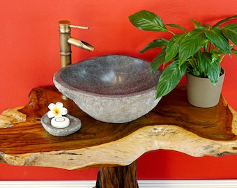 100cm vanity top in teak burlwood | Vanity top teak wood with tree edge natural | Washbasin substructure | Solid wood bathroom