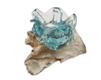 Verre fondu sur bois de loupe | Vase en verre de 12 x 18 cm sur racine de bois de teck comme objet de décoration insolite ou idée cadeau