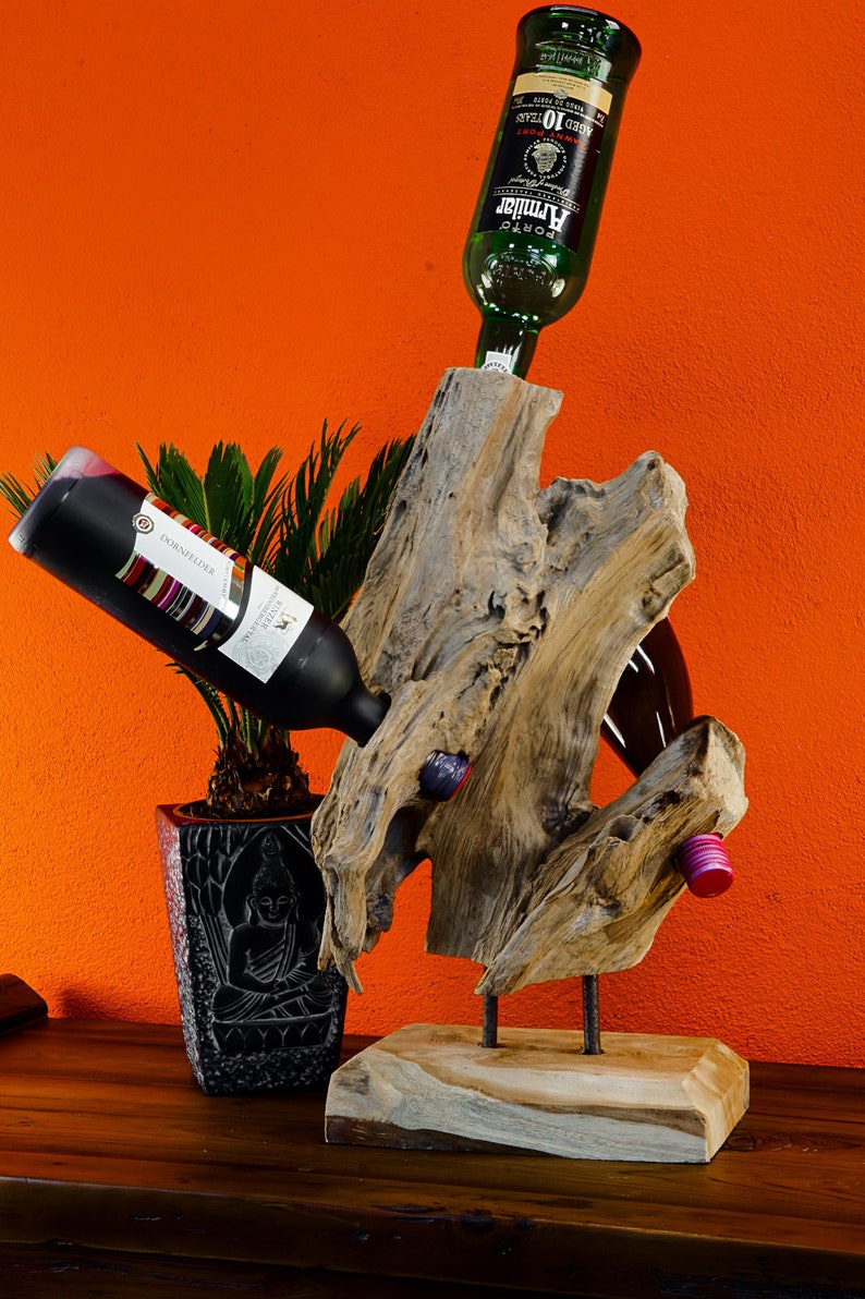 Root wood bottle stand Approx. 45 cm bottle stand for 3 4 wine bottles from a teak wood sculpture Extravagant gift idea image 1