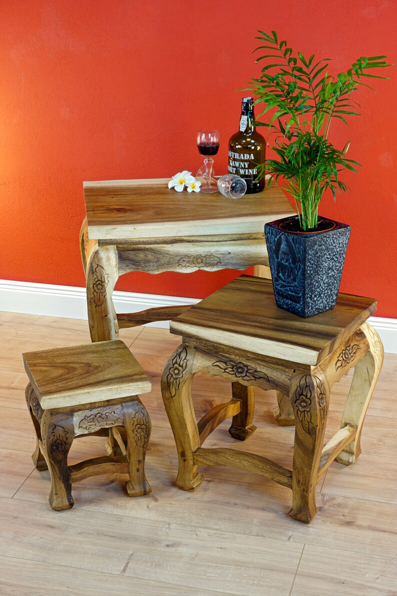 Solid Wood Side Table Set Made of Suar Wood 3 Wooden Tables Etsy