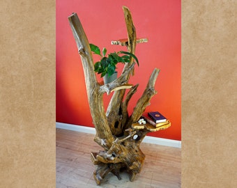 Escalier fleuri en ronce de bois env. 180 cm | Escalier végétal en bois massif pour salon ou jardin d'hiver | Escalier floral en bois de teck rustique