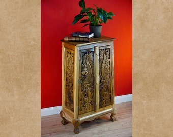 Acacia solid wood cabinet with carved Dragons from Thailand | 2 colors 100 cm high closet made of solid Suar wood for bedroom living room