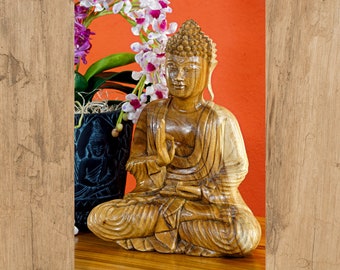 Statue de Bouddha Suar Bois Massif | Sculpture de Bouddha en bois naturel d'environ 34 cm.