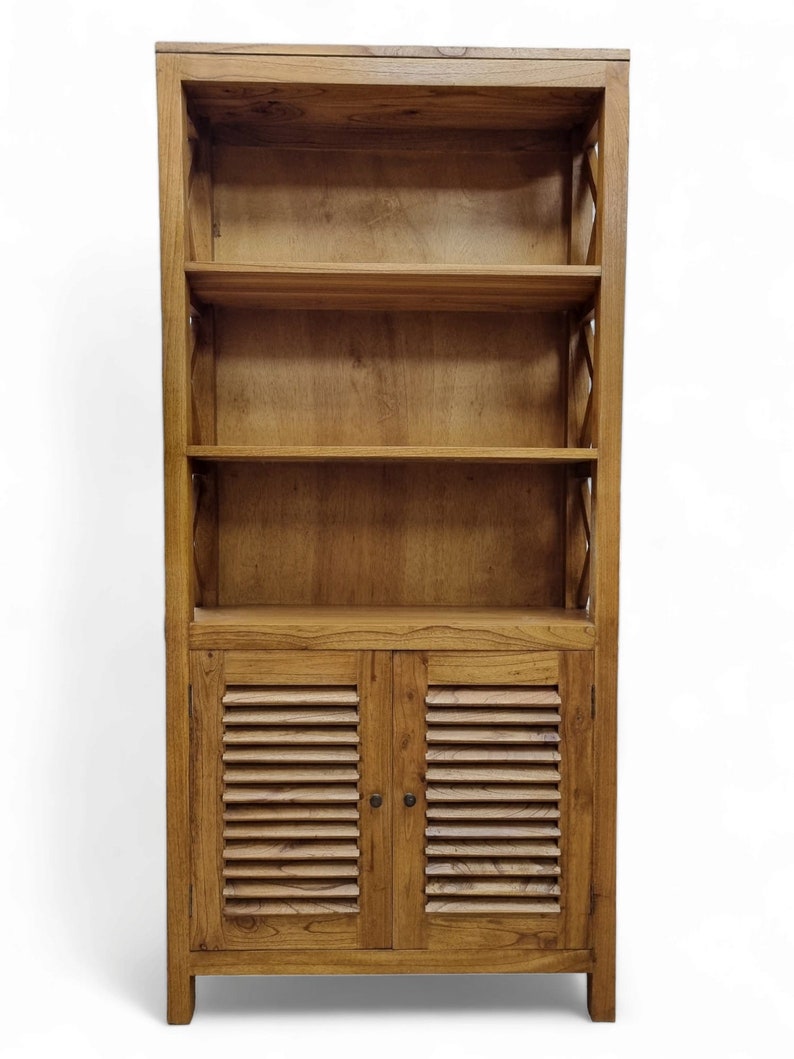 Meuble bibliothèque en bois massif teck 190x90x30cm Armoire de salon en bois véritable, étagère à livres en bois clair avec 2 portes image 3