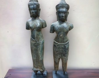 Bronze Statue Königin und König von Kambodscha 46 cm | Metall Statuen Paar Khmer Könige auf Holz Sockel | Asia Dekoration im Antik Stil