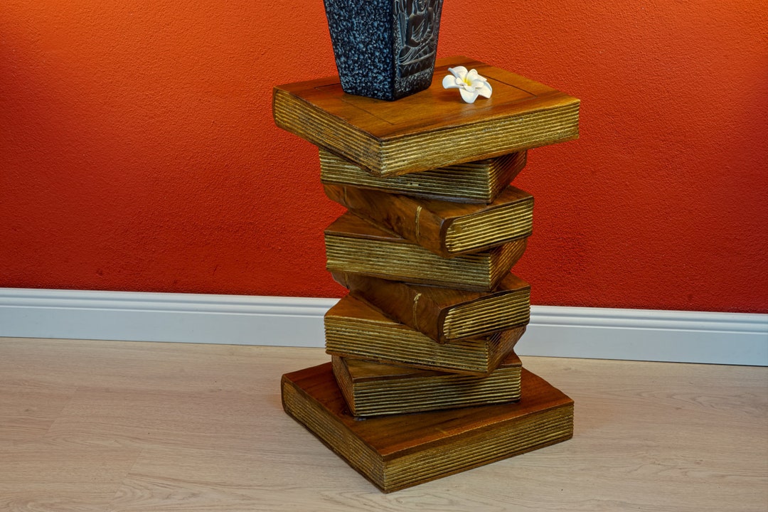 Solid Wood Side Table 30 or 51 Cm Wooden Stack of Books Carved Table in