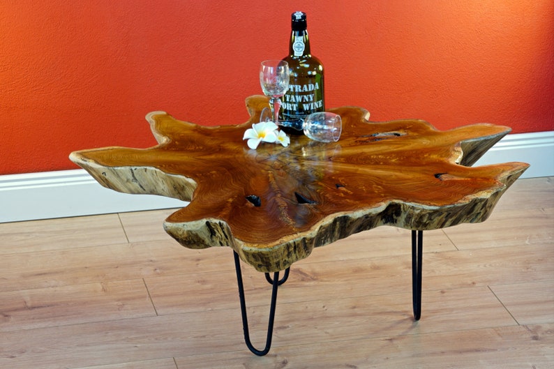 Table d'appoint tronc d'arbre en teck massif 60 85 cm Salon table basse meubles design d'intérieur Décor de maison de campagne nordique rustique image 5