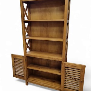 Meuble bibliothèque en bois massif teck 190x90x30cm Armoire de salon en bois véritable, étagère à livres en bois clair avec 2 portes image 9