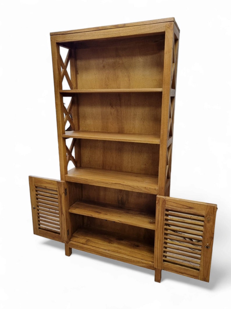 Meuble bibliothèque en bois massif teck 190x90x30cm Armoire de salon en bois véritable, étagère à livres en bois clair avec 2 portes image 9