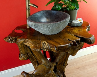 Lavabo en bois massif racine de teck | Coiffeuse de salle de bain extraordinaire et rustique avec plan vasque en teck en bois naturel