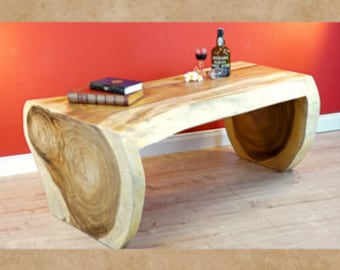 Tree trunk coffee table MAE HONG | approx. 48x110x55 cm living room wooden table with natural tree edge and wooden legs | Suar/acacia wood