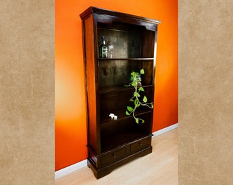 Bibliothèque en bois massif acajou 180 x 93 cm | Armoire de salon en bois véritable, étagère à livres de style colonial en bois foncé avec 2 tiroirs