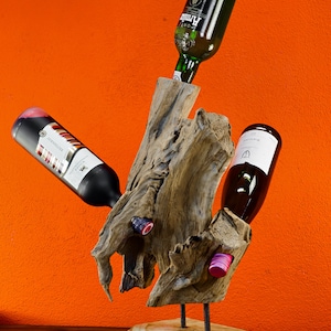 Root wood bottle stand Approx. 45 cm bottle stand for 3 4 wine bottles from a teak wood sculpture Extravagant gift idea image 3