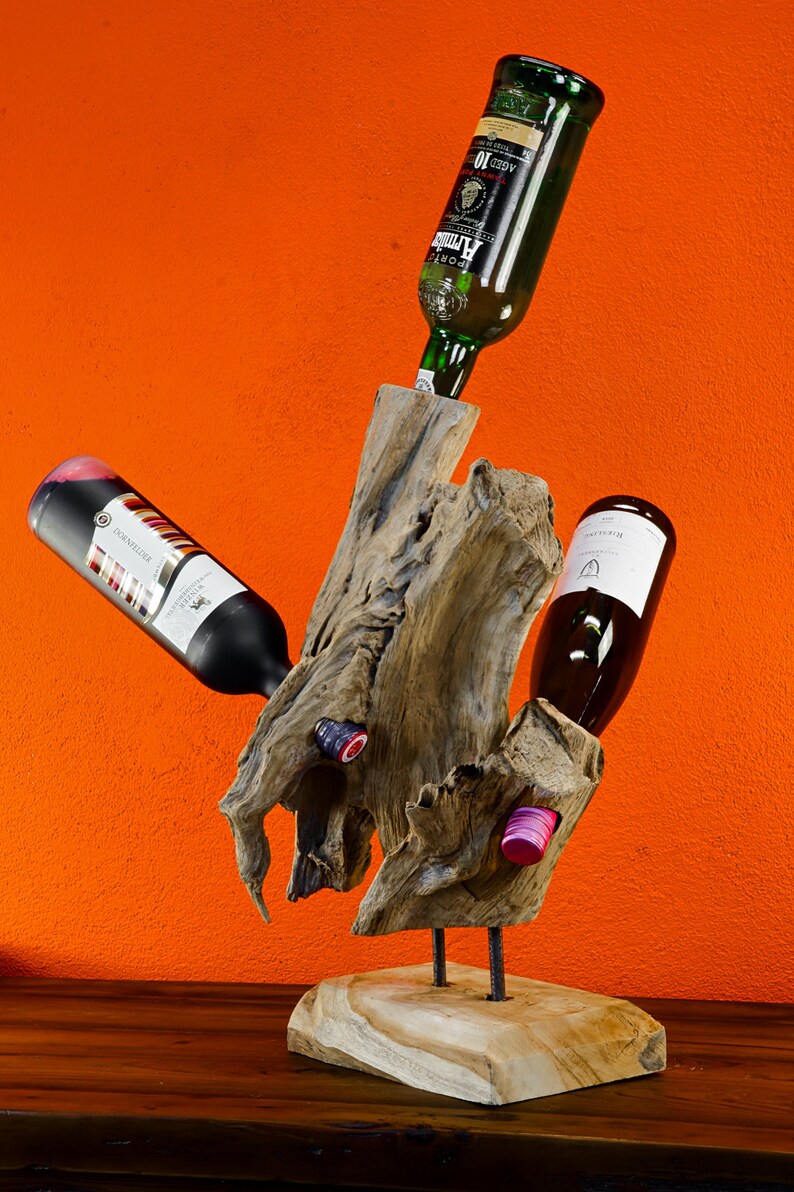 Root wood bottle stand Approx. 45 cm bottle stand for 3 4 wine bottles from a teak wood sculpture Extravagant gift idea image 3