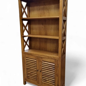 Meuble bibliothèque en bois massif teck 190x90x30cm Armoire de salon en bois véritable, étagère à livres en bois clair avec 2 portes image 4