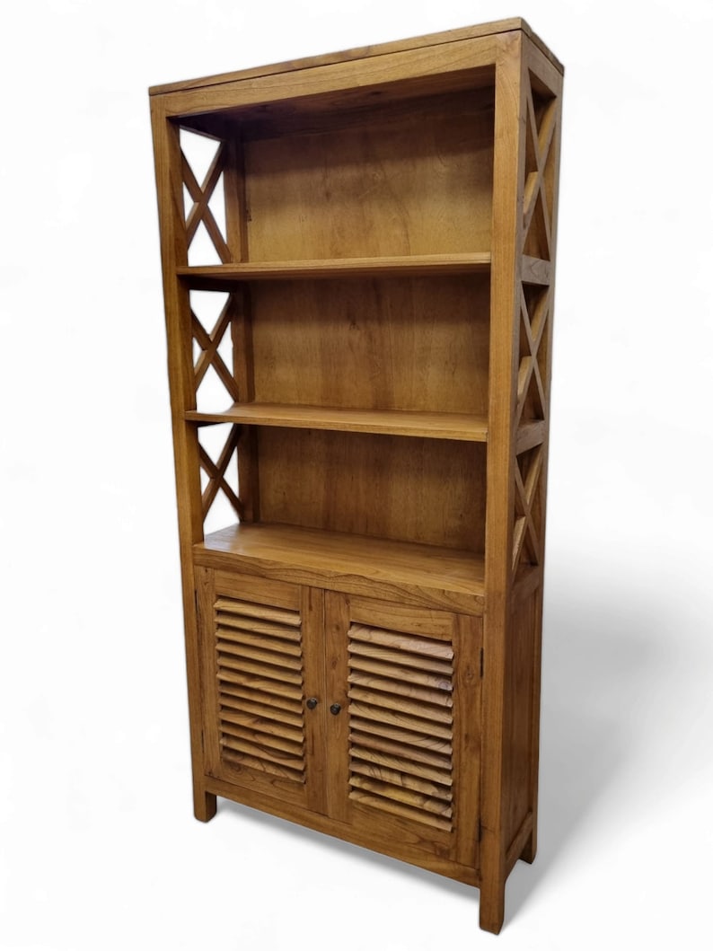 Meuble bibliothèque en bois massif teck 190x90x30cm Armoire de salon en bois véritable, étagère à livres en bois clair avec 2 portes image 4