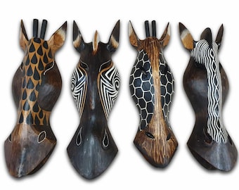Masque en bois zèbre ou girafe | 3 tailles au choix 30 / 50 / 100 cm | Décoration murale en bois massif de style Afrique | Sculpture décorative