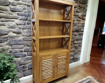 Meuble bibliothèque en bois massif teck 190x90x30cm | Armoire de salon en bois véritable, étagère à livres en bois clair avec 2 portes