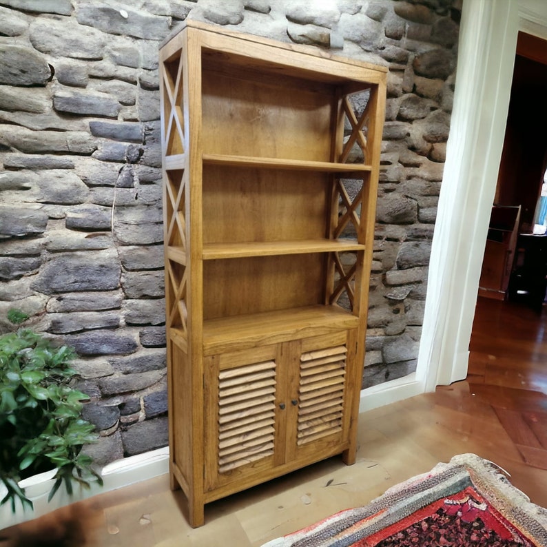 Meuble bibliothèque en bois massif teck 190x90x30cm Armoire de salon en bois véritable, étagère à livres en bois clair avec 2 portes image 1