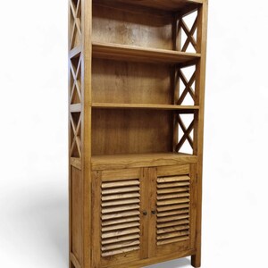 Meuble bibliothèque en bois massif teck 190x90x30cm Armoire de salon en bois véritable, étagère à livres en bois clair avec 2 portes image 2