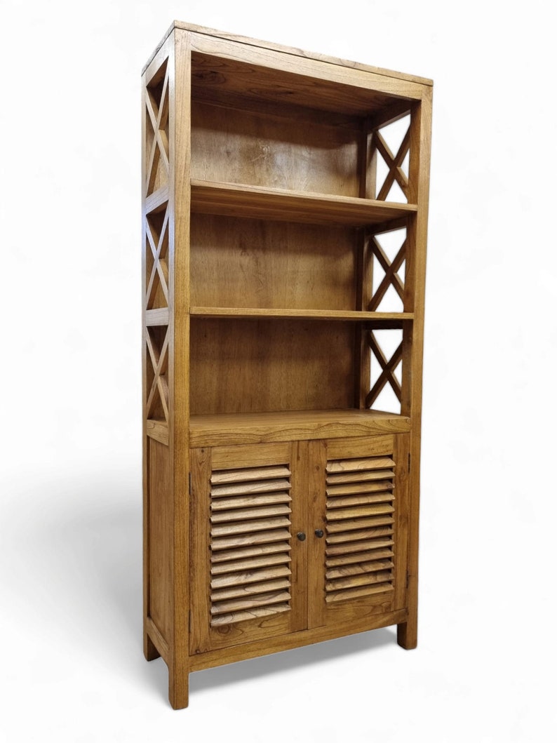 Meuble bibliothèque en bois massif teck 190x90x30cm Armoire de salon en bois véritable, étagère à livres en bois clair avec 2 portes image 2