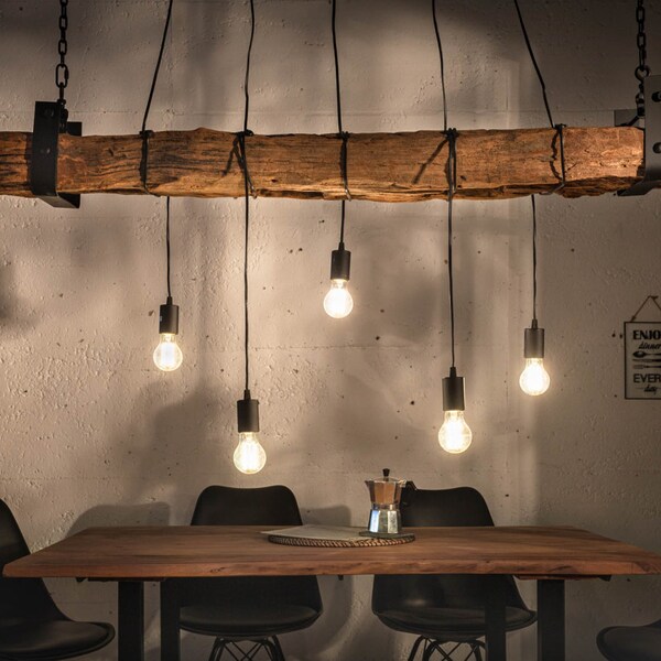 Plafonnier Beam Lampe suspendue poutres en bois pour 5 lumières environ 152 cm | Plafonnier de salon ou de salle à manger en bois de récupération